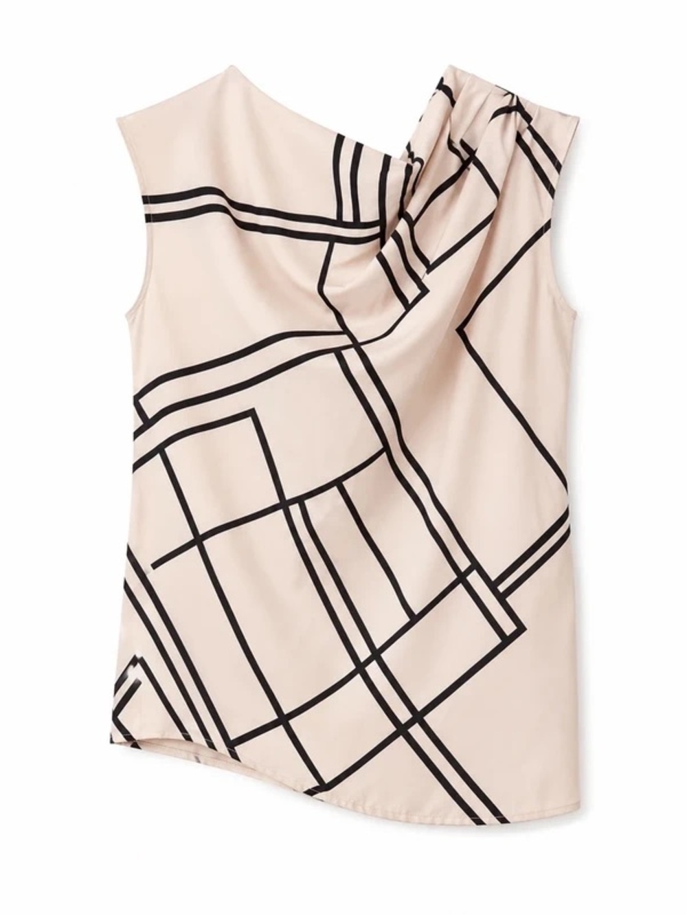 SHEIN Women's Small Beige Black Geometric Cowl Neck Sleeveless Blouse NWOT